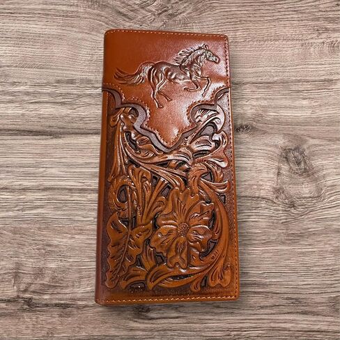 Long Leather Wallet – Stallion Horse Embossed Design – Laser Cut Floral Tooled Pattern – Bi-Fold Cowboy Wallet – Ranch Rodeo Western Leather Wallet for Men in Saudi Arabia