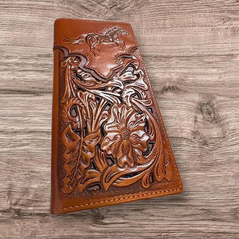 Long Leather Wallet – Stallion Horse Embossed Design – Laser Cut Floral Tooled Pattern – Bi-Fold Cowboy Wallet – Ranch Rodeo Western Leather Wallet for Men in Saudi Arabia