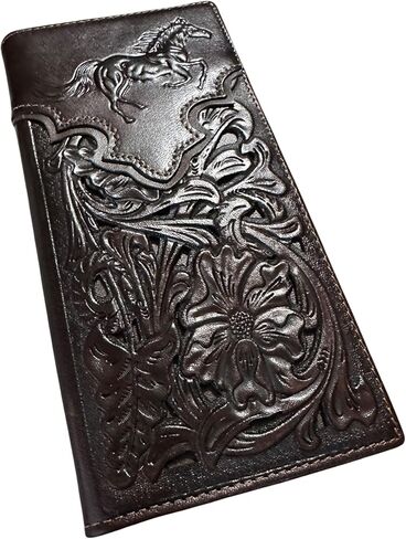 Long Leather Wallet – Stallion Horse Embossed Design – Laser Cut Floral Tooled Pattern – Bi-Fold Cowboy Wallet – Ranch Rodeo Western Leather Wallet for Men in Saudi Arabia