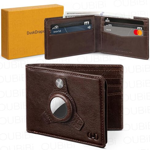 محفظة DuskDrapes الجلدية مع AirTag-RFID Blocking Bifold Wallet للرجال، حامل بطاقة ائتمان نحيف مع نافذة لبطاقة الهوية. فتحات للبطاقات وجيب للنقود، محفظة جلدية بنية للاستخدام اليومي والسفر (النمط A) in Saudi Arabia