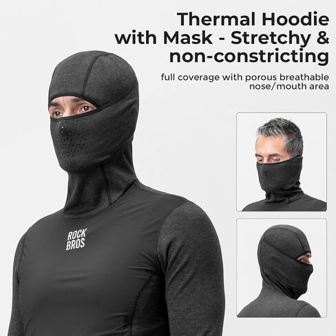 ROCKBROS Men's Thermal Compression Hoodie with Mask, Long Sleeve Winter Sports Base Layer with Pocket Active Running Cycling in Saudi Arabia