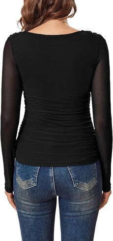 Aisbei Women's Sexy Square Neck Ruched Mesh Tops Sheer Long Sleeve Shirts See Through Going Out Top Blouse in Saudi Arabia