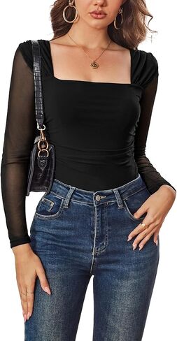 Aisbei Women's Sexy Square Neck Ruched Mesh Tops Sheer Long Sleeve Shirts See Through Going Out Top Blouse in Saudi Arabia