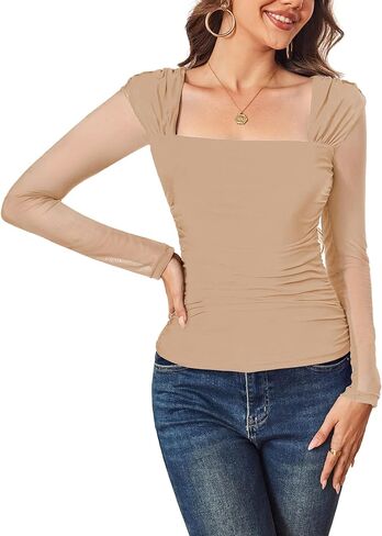 Aisbei Women's Sexy Square Neck Ruched Mesh Tops Sheer Long Sleeve Shirts See Through Going Out Top Blouse in Saudi Arabia