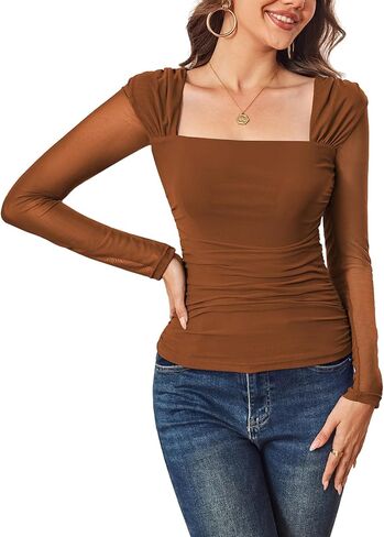 Aisbei Women's Sexy Square Neck Ruched Mesh Tops Sheer Long Sleeve Shirts See Through Going Out Top Blouse in Saudi Arabia