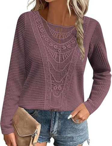 Womens Summer Tops Short/Long Sleeve Lace Shirts Boho Crew Neck Crochet Knit Blouse Casual Fashion in Saudi Arabia