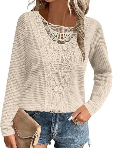 Womens Summer Tops Short/Long Sleeve Lace Shirts Boho Crew Neck Crochet Knit Blouse Casual Fashion in Saudi Arabia