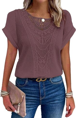 Womens Summer Tops Short/Long Sleeve Lace Shirts Boho Crew Neck Crochet Knit Blouse Casual Fashion in Saudi Arabia