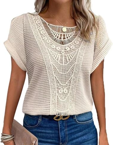 Womens Summer Tops Short/Long Sleeve Lace Shirts Boho Crew Neck Crochet Knit Blouse Casual Fashion in Saudi Arabia
