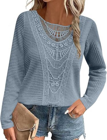 Womens Summer Tops Short/Long Sleeve Lace Shirts Boho Crew Neck Crochet Knit Blouse Casual Fashion in Saudi Arabia