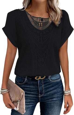 Womens Summer Tops Short/Long Sleeve Lace Shirts Boho Crew Neck Crochet Knit Blouse Casual Fashion in Saudi Arabia