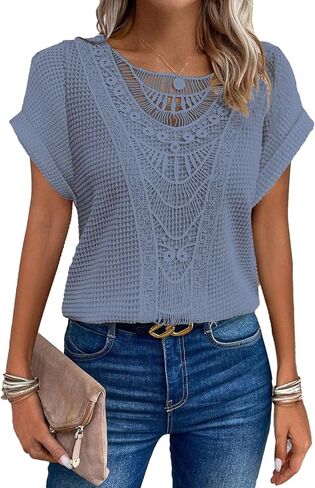 Womens Summer Tops Short/Long Sleeve Lace Shirts Boho Crew Neck Crochet Knit Blouse Casual Fashion in Saudi Arabia