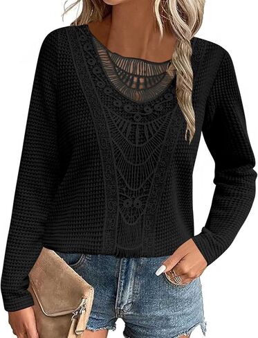 Womens Summer Tops Short/Long Sleeve Lace Shirts Boho Crew Neck Crochet Knit Blouse Casual Fashion in Saudi Arabia