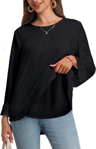 Women Boho Double Layered Crewneck Tunic Eyelet Tops Loose Fit Dressy Cute 3/4 Sleeve Casual Blouses Shirts 2026 in Saudi Arabia