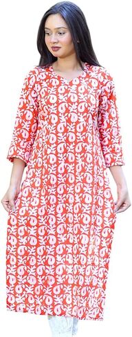 Women's Pure Cotton Printed Straight Kurti Floral Print 3/4 Sleeve Round Neck, Ethnic Casual Wear in Saudi Arabia