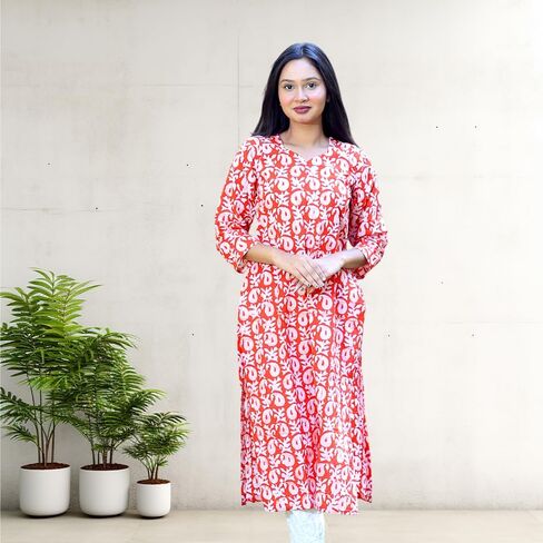 Women's Pure Cotton Printed Straight Kurti Floral Print 3/4 Sleeve Round Neck, Ethnic Casual Wear in Saudi Arabia