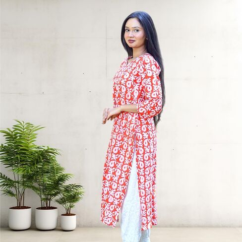 Women's Pure Cotton Printed Straight Kurti Floral Print 3/4 Sleeve Round Neck, Ethnic Casual Wear in Saudi Arabia