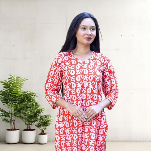 Women's Pure Cotton Printed Straight Kurti Floral Print 3/4 Sleeve Round Neck, Ethnic Casual Wear in Saudi Arabia