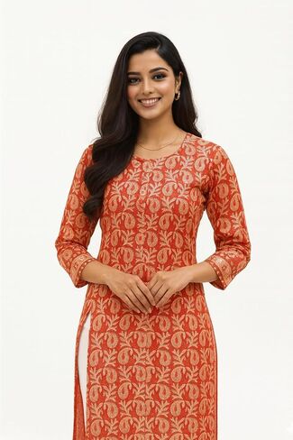 Women's Pure Cotton Printed Straight Kurti Floral Print 3/4 Sleeve Round Neck, Ethnic Casual Wear in Saudi Arabia
