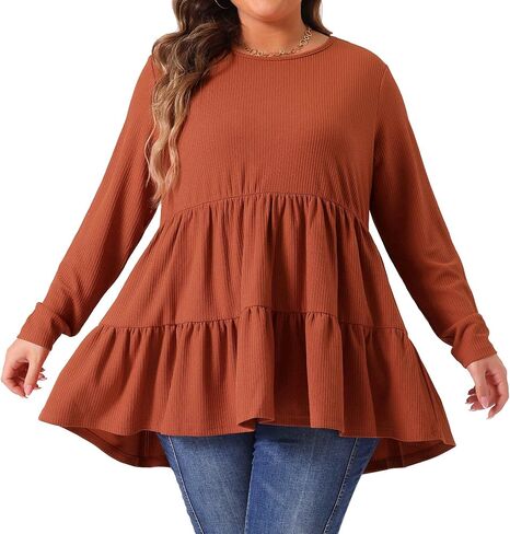 Agnes Orinda Plus Size Babydoll Tops for Women Long Sleeve Crew Neck Casual Loose Peplum Tops Blouses Tunics in Saudi Arabia