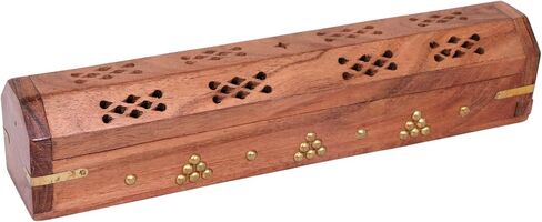 DEVLA Beautiful Handmade Wooden Brown Incense Stick Holder Burner Storage Coffin Box - Ash Catcher with Brass Inlay Good for Peace and Your Mental Health 12x2.5x2.5 inch in Saudi Arabia