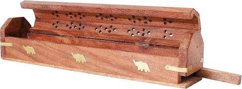 DEVLA Beautiful Handmade Wooden Brown Incense Stick Holder Burner Storage Coffin Box - Ash Catcher with Brass Inlay Good for Peace and Your Mental Health 12x2.5x2.5 inch in Saudi Arabia