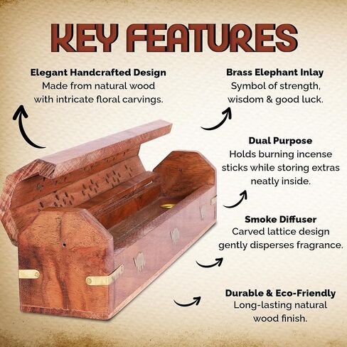 DEVLA Beautiful Handmade Wooden Brown Incense Stick Holder Burner Storage Coffin Box - Ash Catcher with Brass Inlay Good for Peace and Your Mental Health 12x2.5x2.5 inch in Saudi Arabia