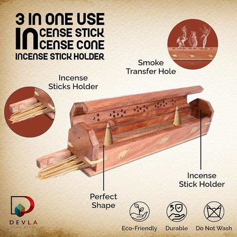 DEVLA Beautiful Handmade Wooden Brown Incense Stick Holder Burner Storage Coffin Box - Ash Catcher with Brass Inlay Good for Peace and Your Mental Health 12x2.5x2.5 inch in Saudi Arabia