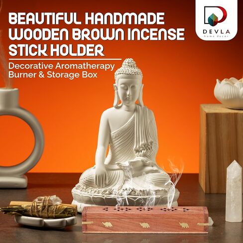 DEVLA Beautiful Handmade Wooden Brown Incense Stick Holder Burner Storage Coffin Box - Ash Catcher with Brass Inlay Good for Peace and Your Mental Health 12x2.5x2.5 inch in Saudi Arabia