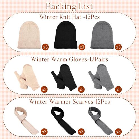 36 Pcs Winter Knit Hat Beanie Long Scarf Warm Mittens Gloves, Unisex Adult Winter Warmer Accessory Set for Cold Weather Outdoor Activities Emergencies Homeless Care Package Charity Supplies in Saudi Arabia