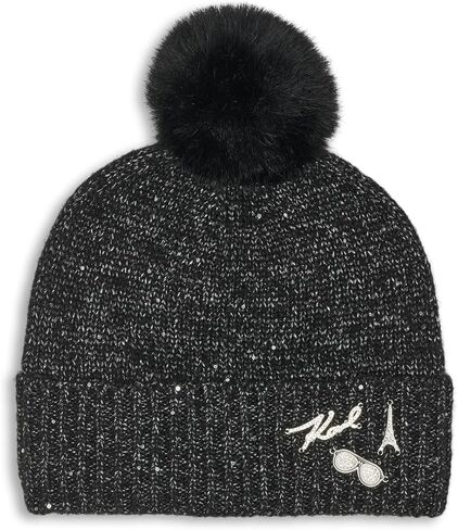 Karl Lagerfeld Womens Sequin Knit Faux Fur Pom Beanie in Saudi Arabia