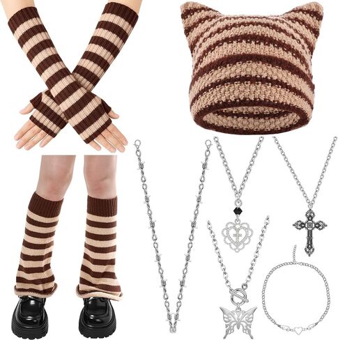 Mepase 8 Pcs Y2k Grunge Cat Beanie with Therian Leg Covers, Emo Gothic Fingerless Knitted Gloves and Necklace in Saudi Arabia