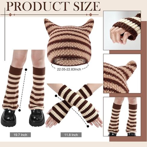 Mepase 8 Pcs Y2k Grunge Cat Beanie with Therian Leg Covers, Emo Gothic Fingerless Knitted Gloves and Necklace in Saudi Arabia