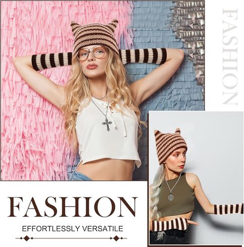 Mepase 8 Pcs Y2k Grunge Cat Beanie with Therian Leg Covers, Emo Gothic Fingerless Knitted Gloves and Necklace in Saudi Arabia