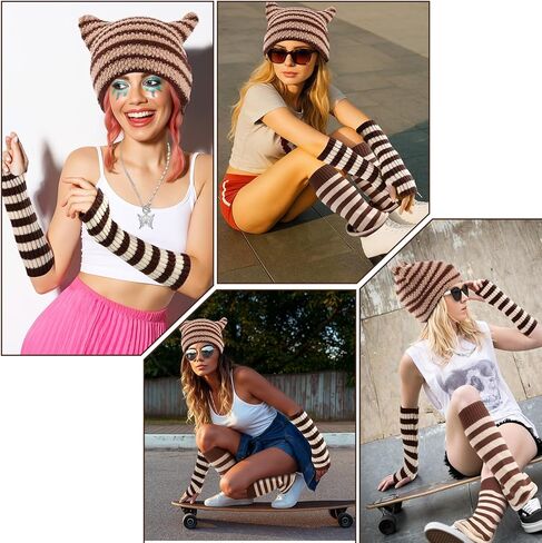 Mepase 8 Pcs Y2k Grunge Cat Beanie with Therian Leg Covers, Emo Gothic Fingerless Knitted Gloves and Necklace in Saudi Arabia