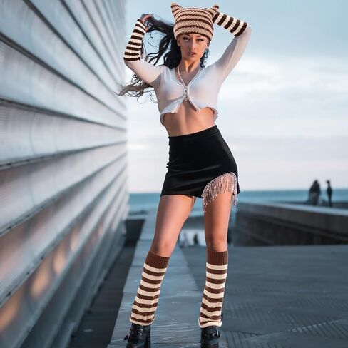 Mepase 8 Pcs Y2k Grunge Cat Beanie with Therian Leg Covers, Emo Gothic Fingerless Knitted Gloves and Necklace in Saudi Arabia
