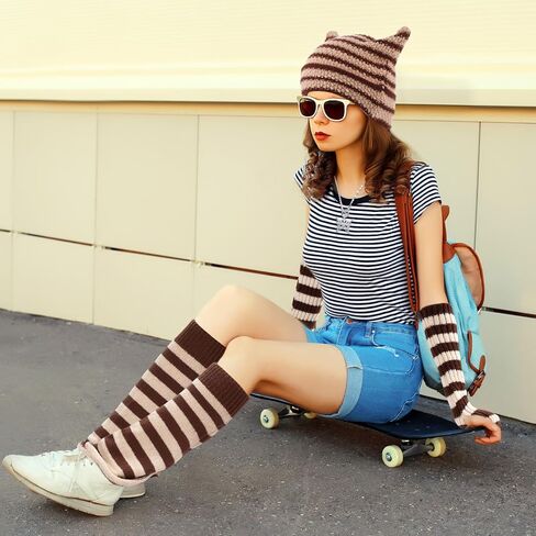 Mepase 8 Pcs Y2k Grunge Cat Beanie with Therian Leg Covers, Emo Gothic Fingerless Knitted Gloves and Necklace in Saudi Arabia
