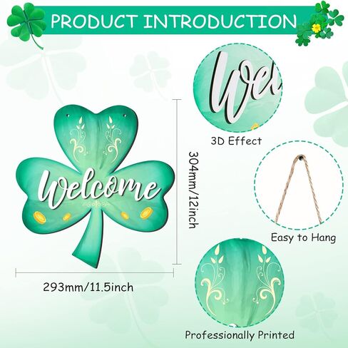 Jetec 12 x 11.5 Inch St. Patrick's Wall Pediments Wooden Irish Hanging Welcome Board Shamrock Plaques with Rope for St Patrick's Decor Window Home Wall Door Indoor Outdoor in Saudi Arabia