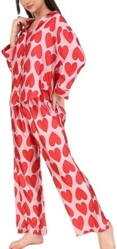 Amiblvowa Women Valentines Pajamas Satin Silk Button Down 2 Piece Pjs Lounge Set Heart Print Pajamas Valentine's Day Outfits in Saudi Arabia