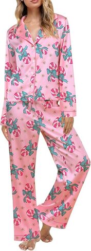 Argeousgor Women Cute Christmas Pajama Sets Satin Silk Pajamas Long Sleeve Shirt Wide Leg Pants 2 Piece Pjs in Saudi Arabia