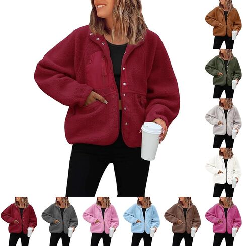 JiXiang Women Fleece Jacket Fuzzy Button Down Cropped Coats Oversized Casual Long Sleeve Winter Warm Outwear with Pockets in Saudi Arabia