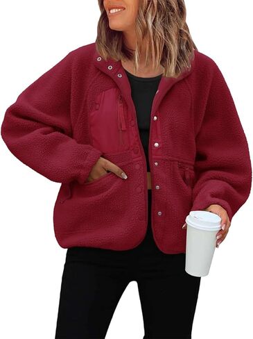 JiXiang Women Fleece Jacket Fuzzy Button Down Cropped Coats Oversized Casual Long Sleeve Winter Warm Outwear with Pockets in Saudi Arabia