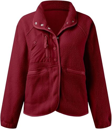 JiXiang Women Fleece Jacket Fuzzy Button Down Cropped Coats Oversized Casual Long Sleeve Winter Warm Outwear with Pockets in Saudi Arabia
