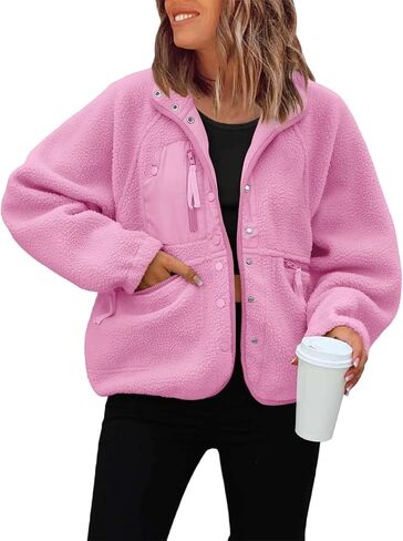 JiXiang Women Fleece Jacket Fuzzy Button Down Cropped Coats Oversized Casual Long Sleeve Winter Warm Outwear with Pockets in Saudi Arabia