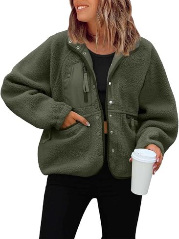 JiXiang Women Fleece Jacket Fuzzy Button Down Cropped Coats Oversized Casual Long Sleeve Winter Warm Outwear with Pockets in Saudi Arabia