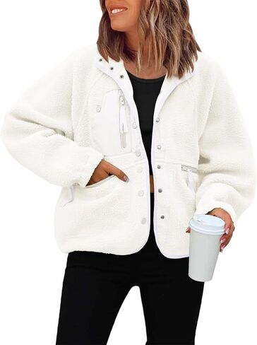 JiXiang Women Fleece Jacket Fuzzy Button Down Cropped Coats Oversized Casual Long Sleeve Winter Warm Outwear with Pockets in Saudi Arabia