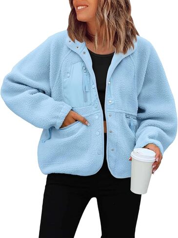 JiXiang Women Fleece Jacket Fuzzy Button Down Cropped Coats Oversized Casual Long Sleeve Winter Warm Outwear with Pockets in Saudi Arabia