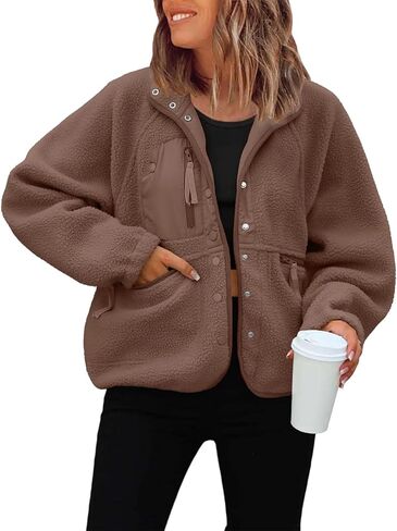 JiXiang Women Fleece Jacket Fuzzy Button Down Cropped Coats Oversized Casual Long Sleeve Winter Warm Outwear with Pockets in Saudi Arabia
