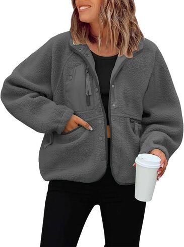 JiXiang Women Fleece Jacket Fuzzy Button Down Cropped Coats Oversized Casual Long Sleeve Winter Warm Outwear with Pockets in Saudi Arabia