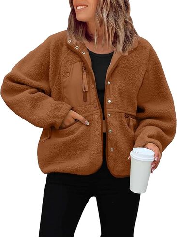 JiXiang Women Fleece Jacket Fuzzy Button Down Cropped Coats Oversized Casual Long Sleeve Winter Warm Outwear with Pockets in Saudi Arabia